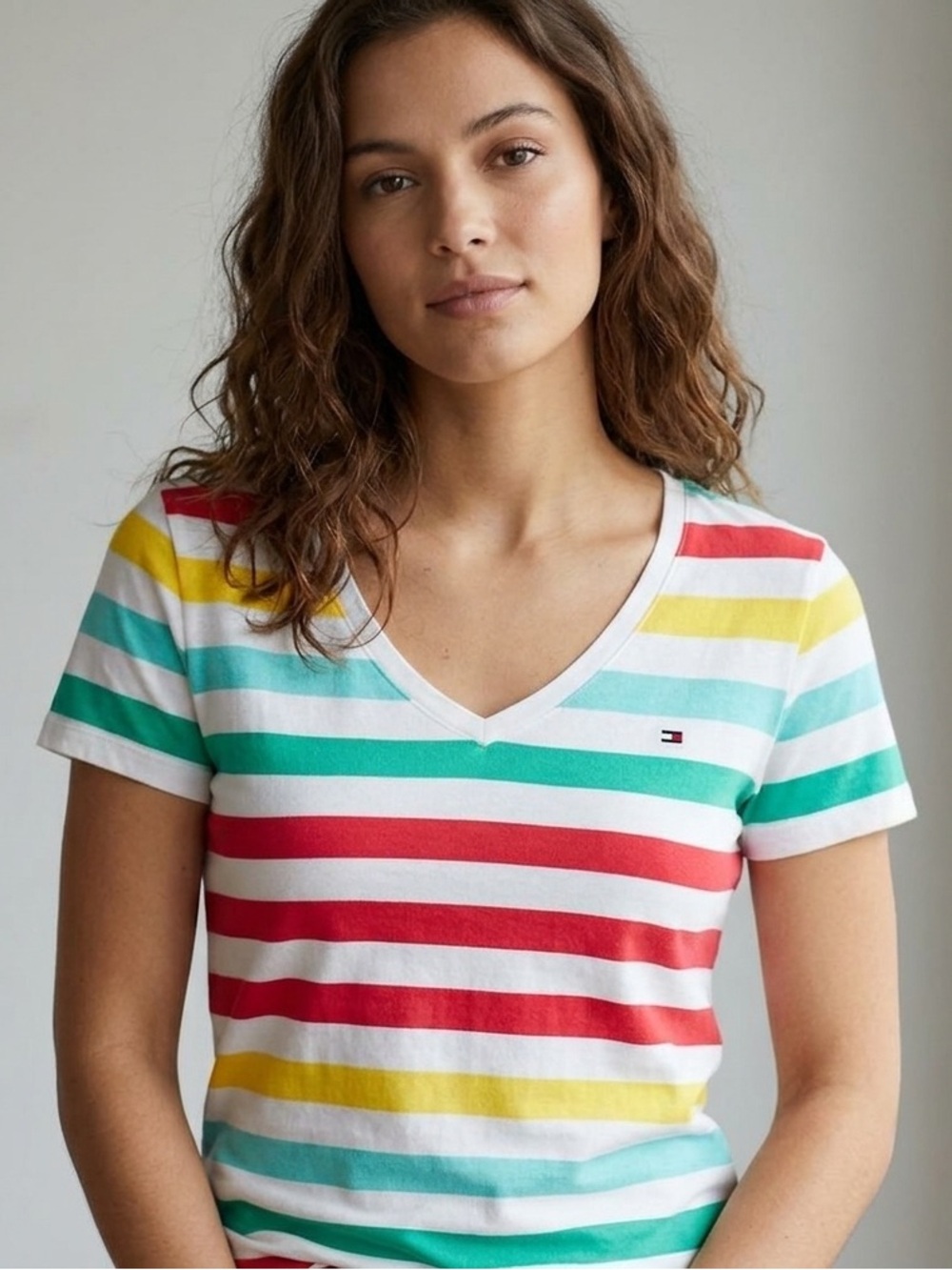 Tommy Hilfiger Women's Colorful Striped V-Neck Tee, Size Medium, Cotton T-Shirt